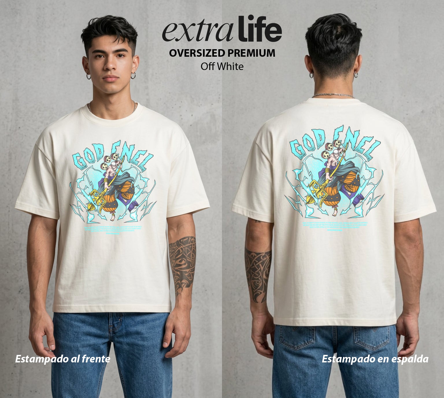 Mar de los Piratas | El Dios del Trueno #03111 - Playera Oversized Premium | Off White - Foto en modelo