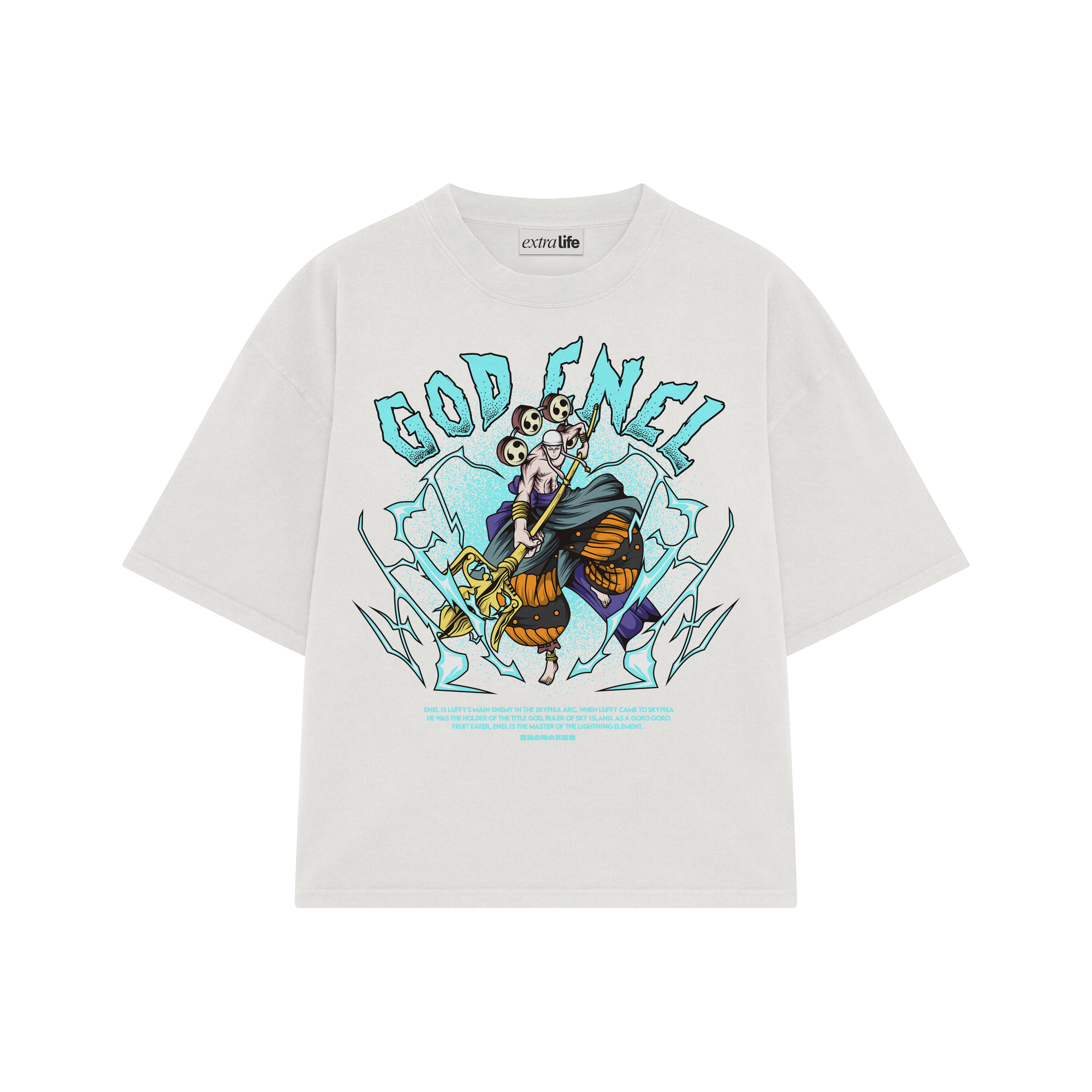 Playera streetwear premium de anime y gaming ExtraLife MX, corte boxy oversized drop shoulder heavyweight en color Deep Black y Off-White, moda urbana mexicana de culto.