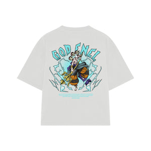 Playera streetwear premium de anime y gaming ExtraLife MX, corte boxy oversized drop shoulder heavyweight en color Deep Black y Off-White, moda urbana mexicana de culto.