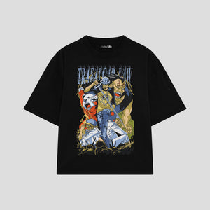 Playera streetwear premium de anime y gaming ExtraLife MX, corte boxy oversized drop shoulder heavyweight en color Deep Black y Off-White, moda urbana mexicana de culto.