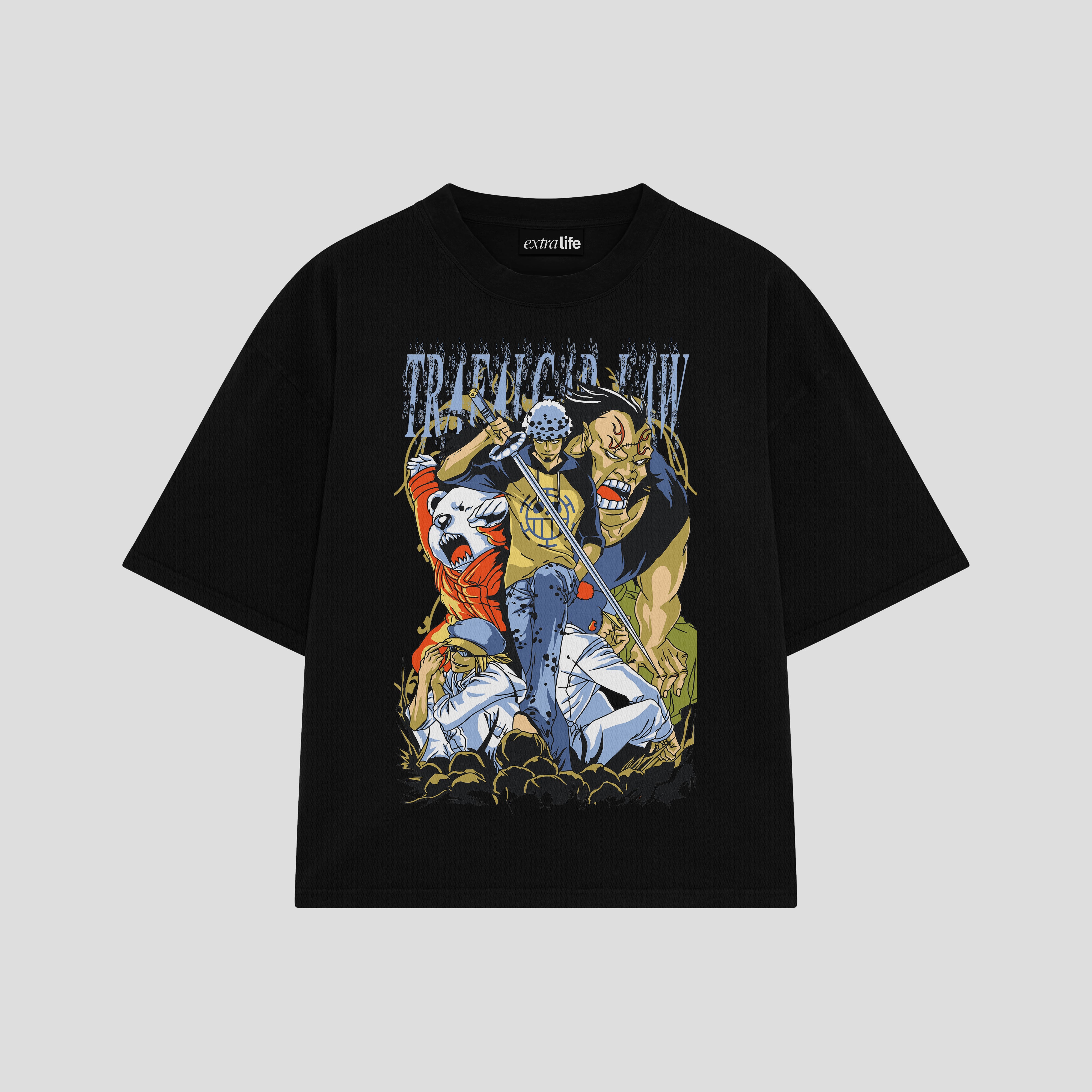 Playera streetwear premium de anime y gaming ExtraLife MX, corte boxy oversized drop shoulder heavyweight en color Deep Black y Off-White, moda urbana mexicana de culto.