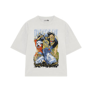 Playera streetwear premium de anime y gaming ExtraLife MX, corte boxy oversized drop shoulder heavyweight en color Deep Black y Off-White, moda urbana mexicana de culto.