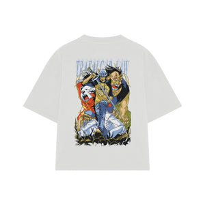 Playera streetwear premium de anime y gaming ExtraLife MX, corte boxy oversized drop shoulder heavyweight en color Deep Black y Off-White, moda urbana mexicana de culto.