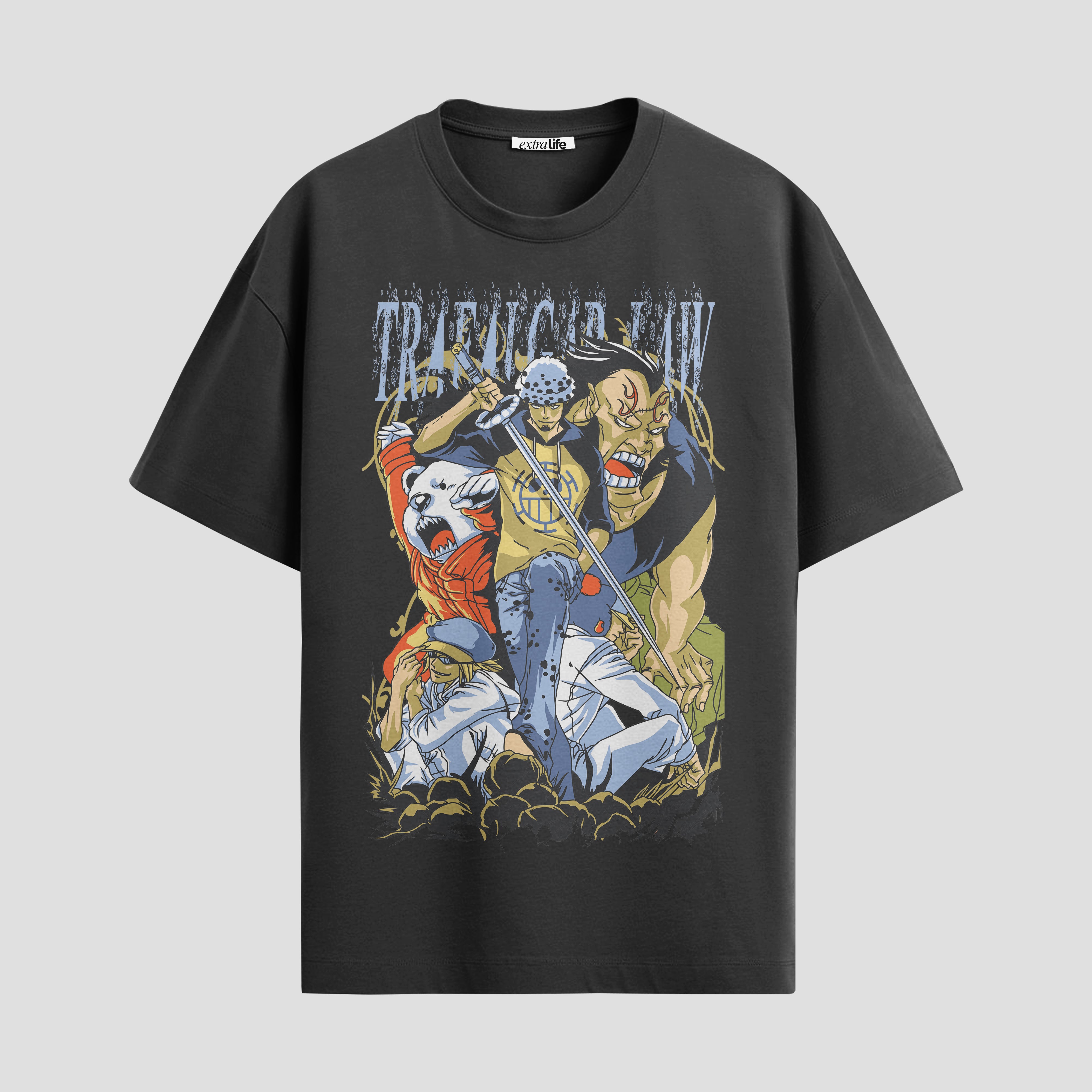 Playera urbana de anime y gaming ExtraLife MX, corte Standard Fit unisex ligero y transpirable en color Deep Black y Pure White, ropa de uso diario para gym y casual.