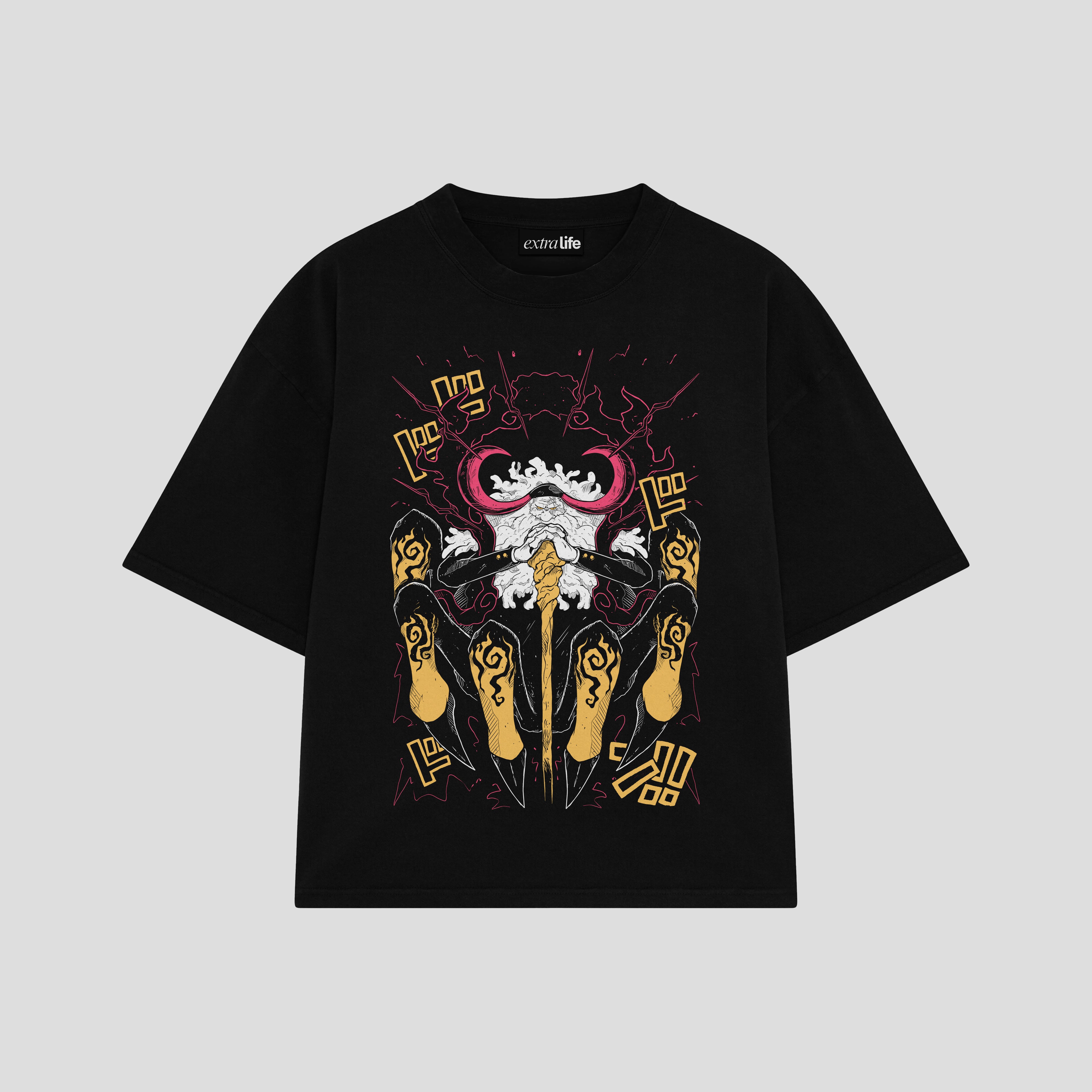 Playera streetwear premium de anime y gaming ExtraLife MX, corte boxy oversized drop shoulder heavyweight en color Deep Black y Off-White, moda urbana mexicana de culto.