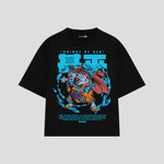 Playera streetwear premium de anime y gaming ExtraLife MX, corte boxy oversized drop shoulder heavyweight en color Deep Black y Off-White, moda urbana mexicana de culto.