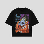 Playera streetwear premium de anime y gaming ExtraLife MX, corte boxy oversized drop shoulder heavyweight en color Deep Black y Off-White, moda urbana mexicana de culto.