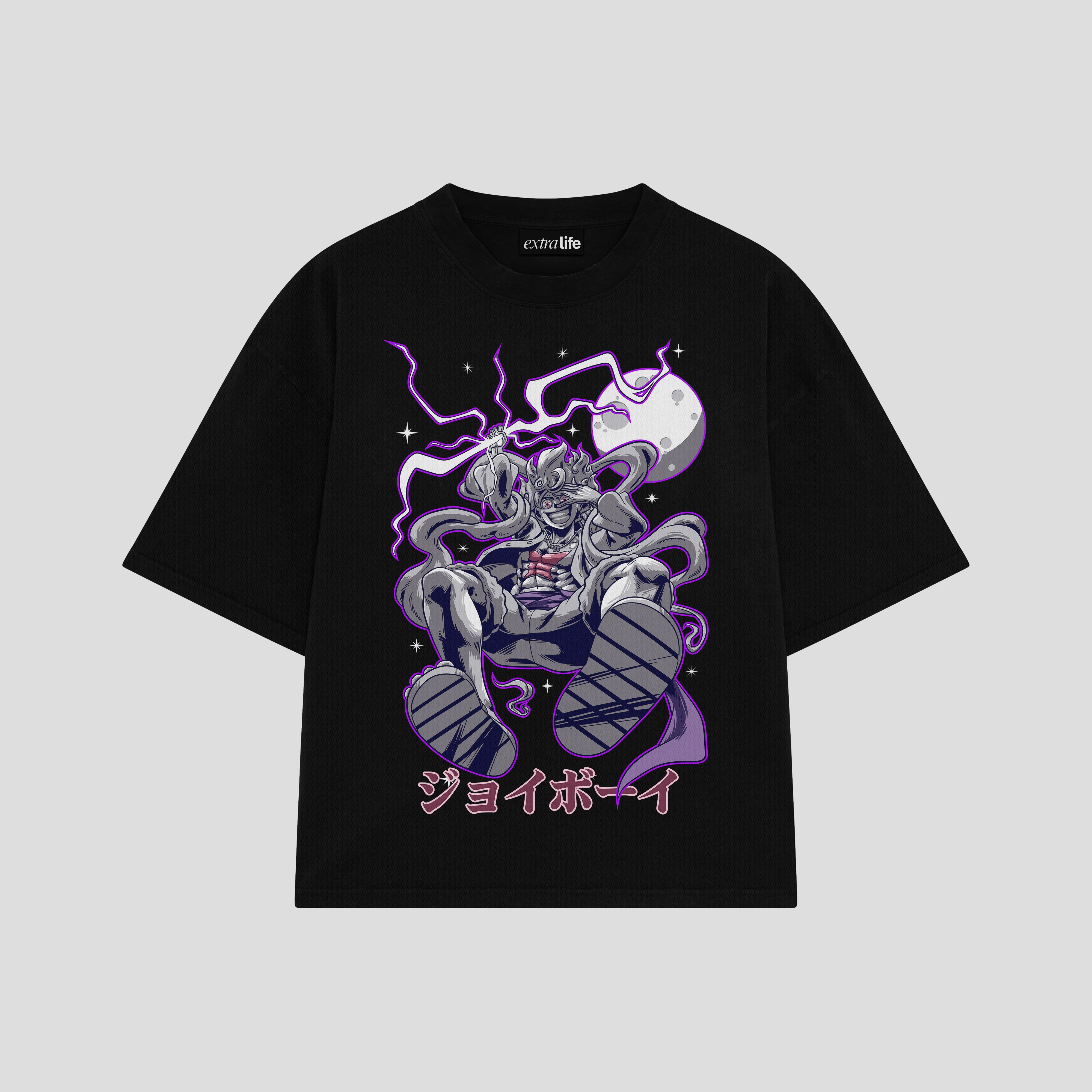Playera streetwear premium de anime y gaming ExtraLife MX, corte boxy oversized drop shoulder heavyweight en color Deep Black y Off-White, moda urbana mexicana de culto.