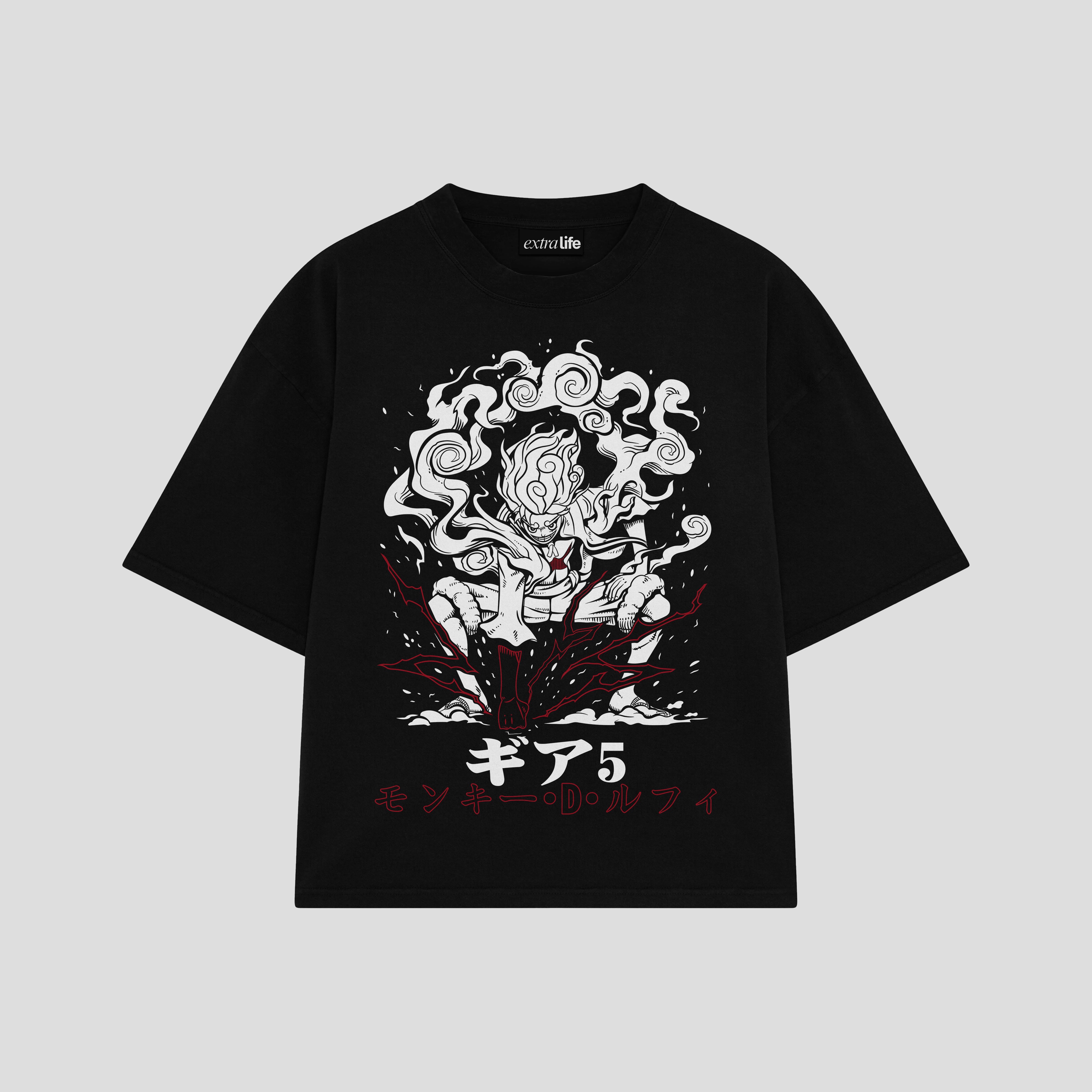 Playera streetwear premium de anime y gaming ExtraLife MX, corte boxy oversized drop shoulder heavyweight en color Deep Black y Off-White, moda urbana mexicana de culto.