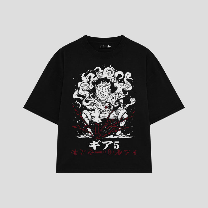 Playera streetwear premium de anime y gaming ExtraLife MX, corte boxy oversized drop shoulder heavyweight en color Deep Black y Off-White, moda urbana mexicana de culto.