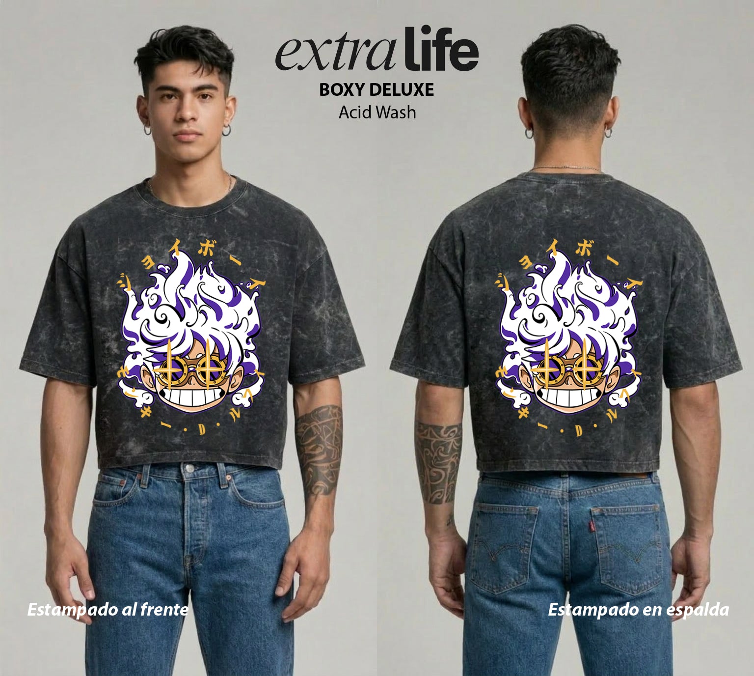 Playera streetwear premium de anime y gaming ExtraLife MX, corte boxy deluxe mineral wash heavyweight en color Acid Wash, moda urbana mexicana de culto.