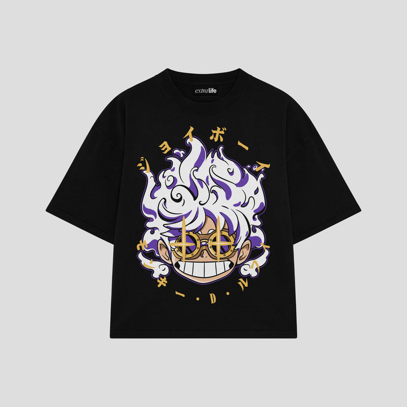 Playera streetwear premium de anime y gaming ExtraLife MX, corte boxy oversized drop shoulder heavyweight en color Deep Black y Off-White, moda urbana mexicana de culto.