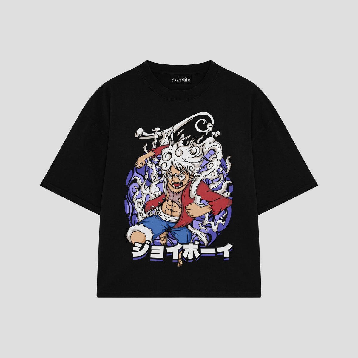 Playera streetwear premium de anime y gaming ExtraLife MX, corte oversized drop shoulder ligero y fresco en color Deep Black y Off-White, moda urbana mexicana de culto.