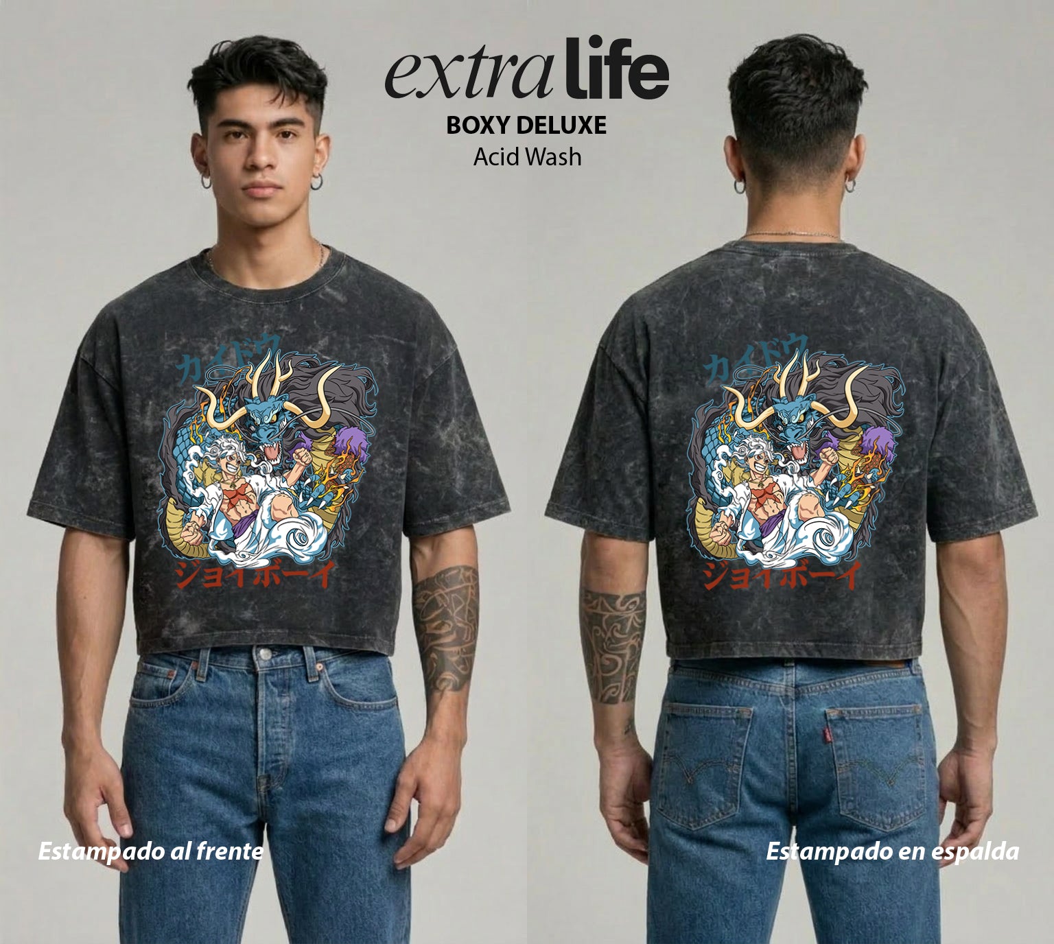 Playera streetwear premium de anime y gaming ExtraLife MX, corte boxy deluxe mineral wash heavyweight en color Acid Wash, moda urbana mexicana de culto.