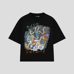 Playera streetwear premium de anime y gaming ExtraLife MX, corte boxy oversized drop shoulder heavyweight en color Deep Black y Off-White, moda urbana mexicana de culto.