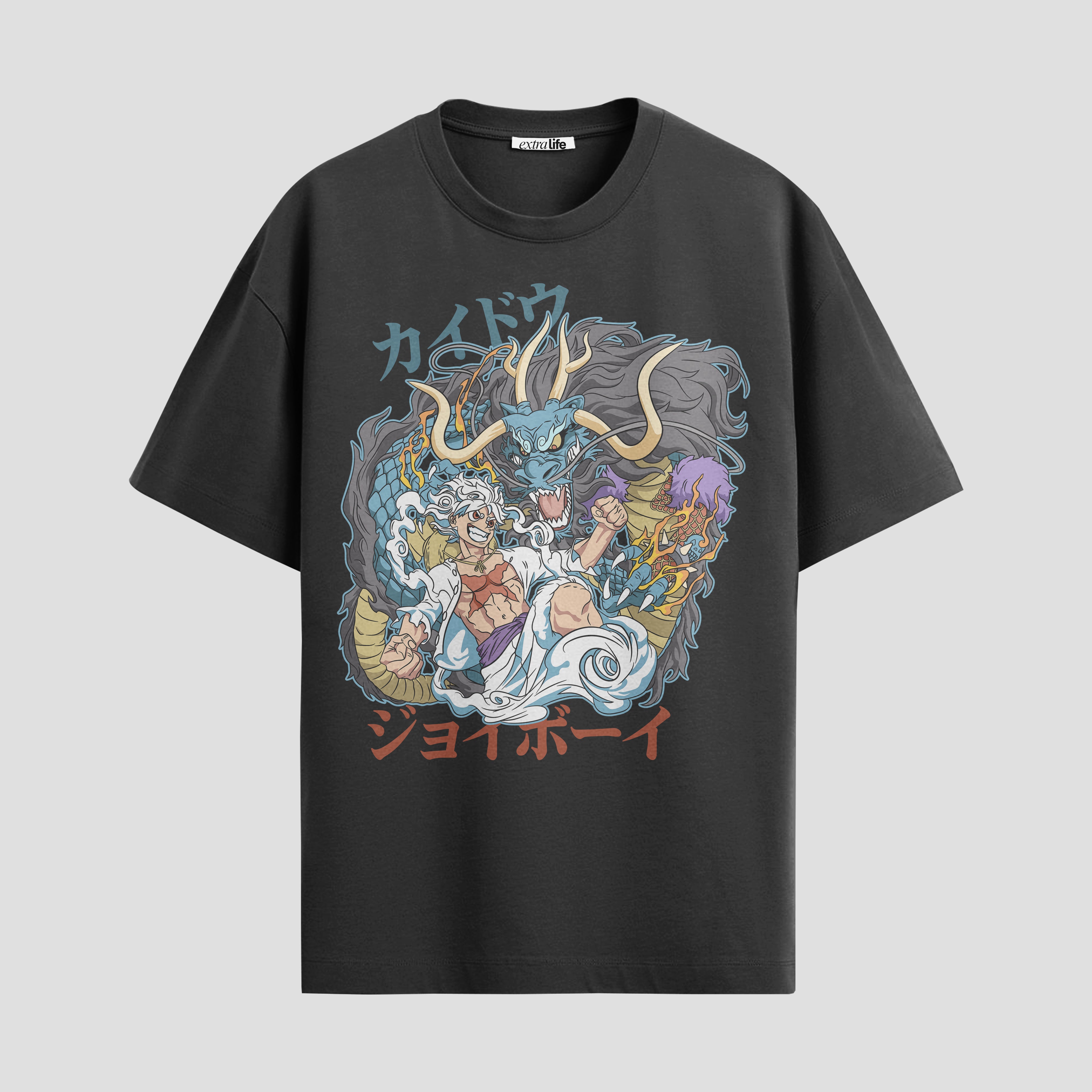 Playera urbana de anime y gaming ExtraLife MX, corte Standard Fit unisex ligero y transpirable en color Deep Black y Pure White, ropa de uso diario para gym y casual.