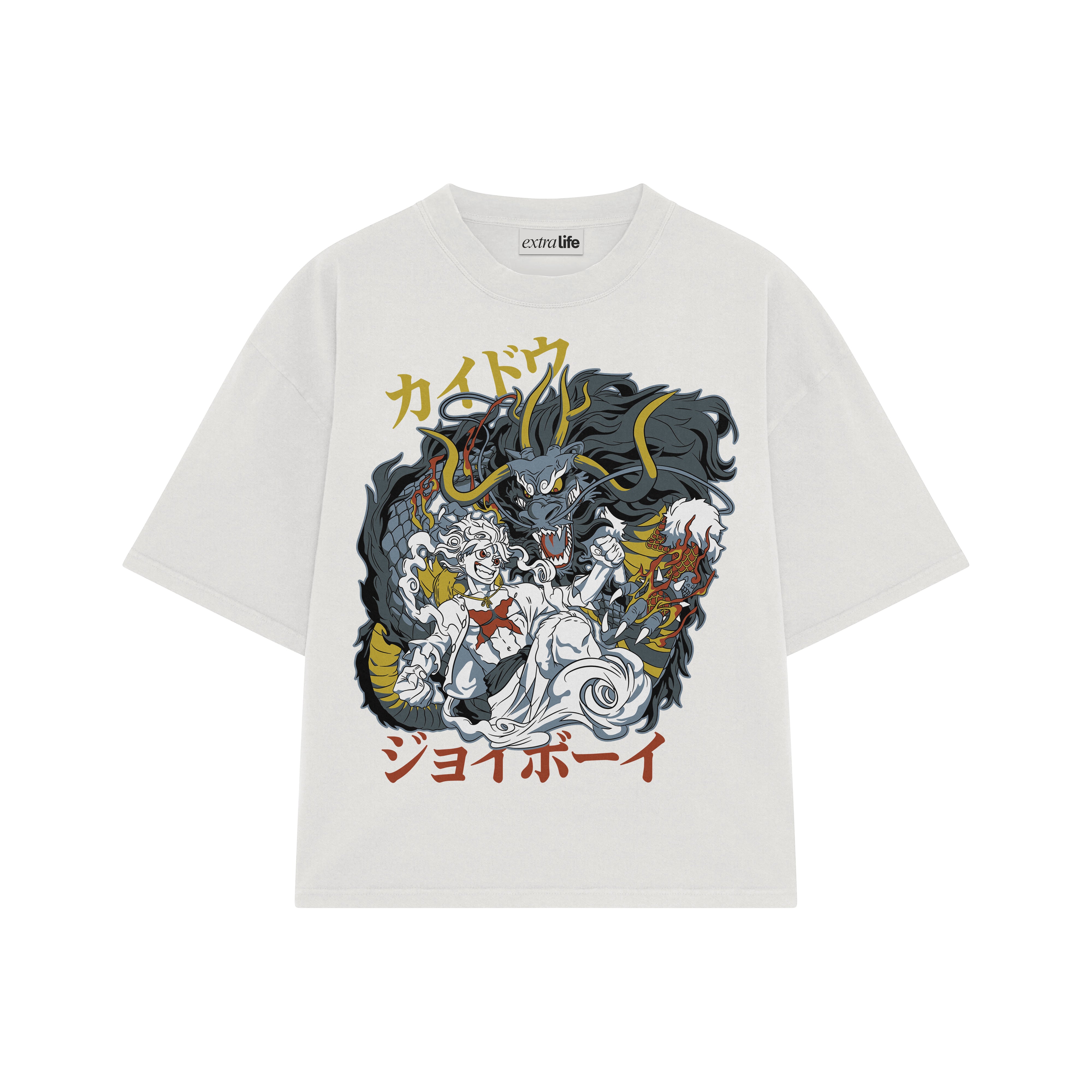 Playera streetwear premium de anime y gaming ExtraLife MX, corte boxy oversized drop shoulder heavyweight en color Deep Black y Off-White, moda urbana mexicana de culto.