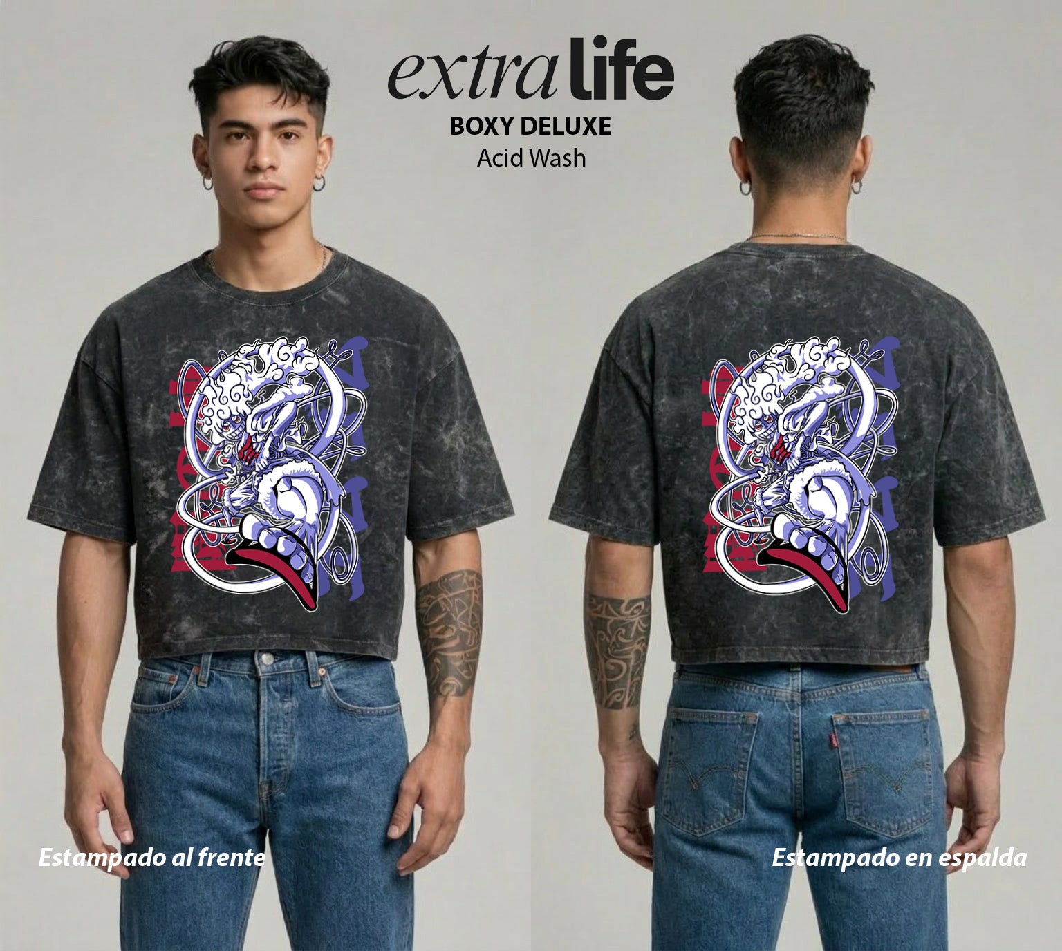 Playera streetwear premium de anime y gaming ExtraLife MX, corte boxy deluxe mineral wash heavyweight en color Acid Wash, moda urbana mexicana de culto.
