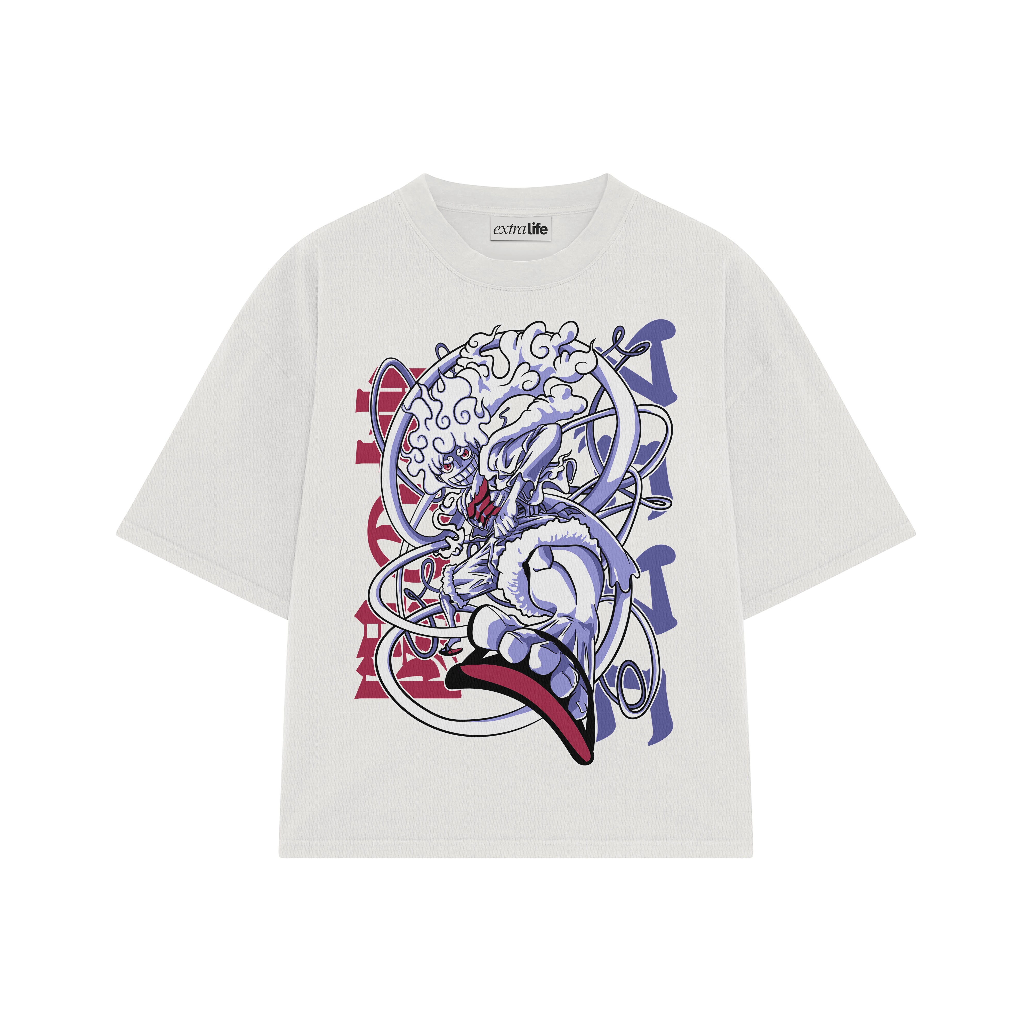 Playera streetwear premium de anime y gaming ExtraLife MX, corte boxy oversized drop shoulder heavyweight en color Deep Black y Off-White, moda urbana mexicana de culto.