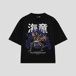 Playera streetwear premium de anime y gaming ExtraLife MX, corte boxy oversized drop shoulder heavyweight en color Deep Black y Off-White, moda urbana mexicana de culto.