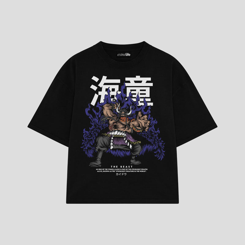 Playera streetwear premium de anime y gaming ExtraLife MX, corte boxy oversized drop shoulder heavyweight en color Deep Black y Off-White, moda urbana mexicana de culto.