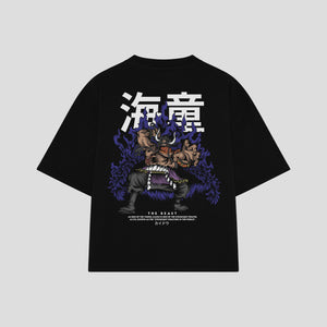 Playera streetwear premium de anime y gaming ExtraLife MX, corte boxy oversized drop shoulder heavyweight en color Deep Black y Off-White, moda urbana mexicana de culto.
