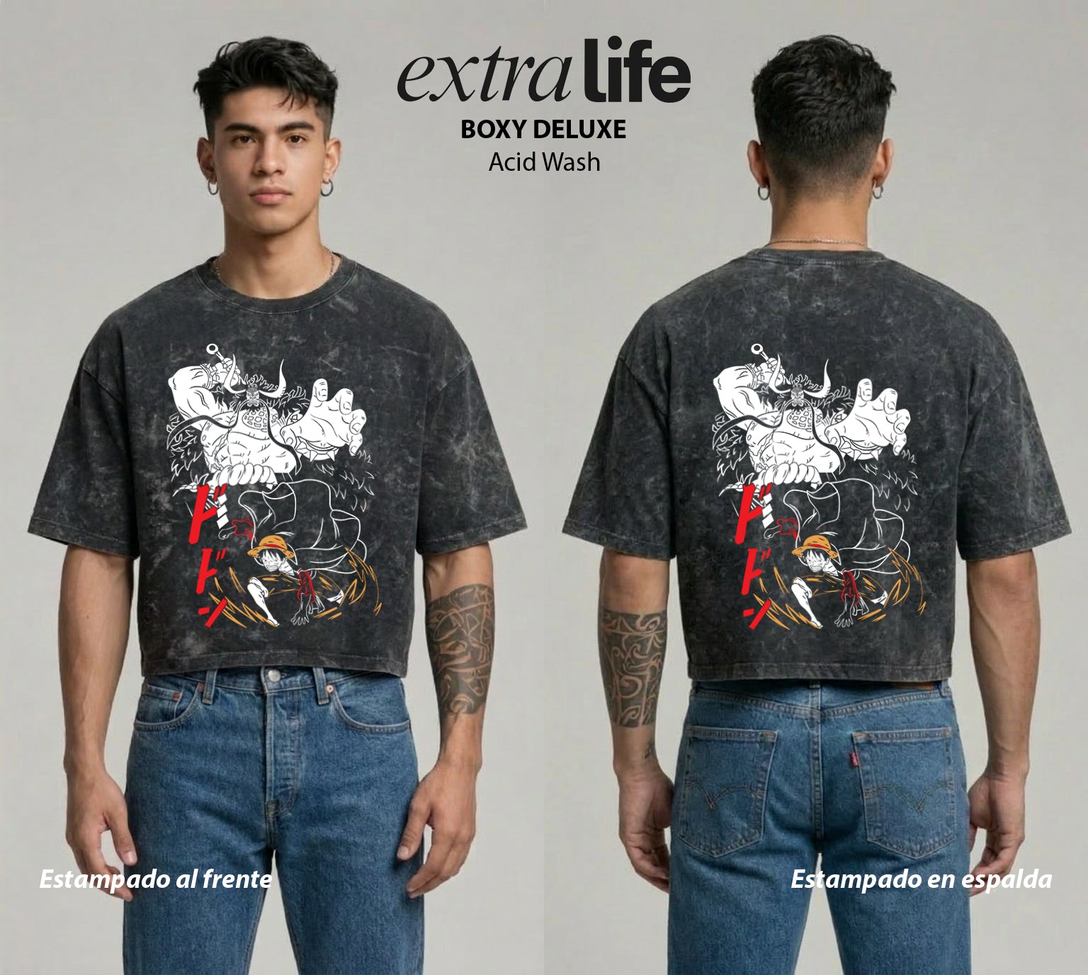 Playera streetwear premium de anime y gaming ExtraLife MX, corte boxy deluxe mineral wash heavyweight en color Acid Wash, moda urbana mexicana de culto.