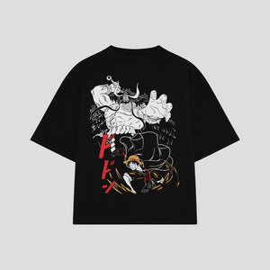 Playera streetwear premium de anime y gaming ExtraLife MX, corte boxy oversized drop shoulder heavyweight en color Deep Black y Off-White, moda urbana mexicana de culto.