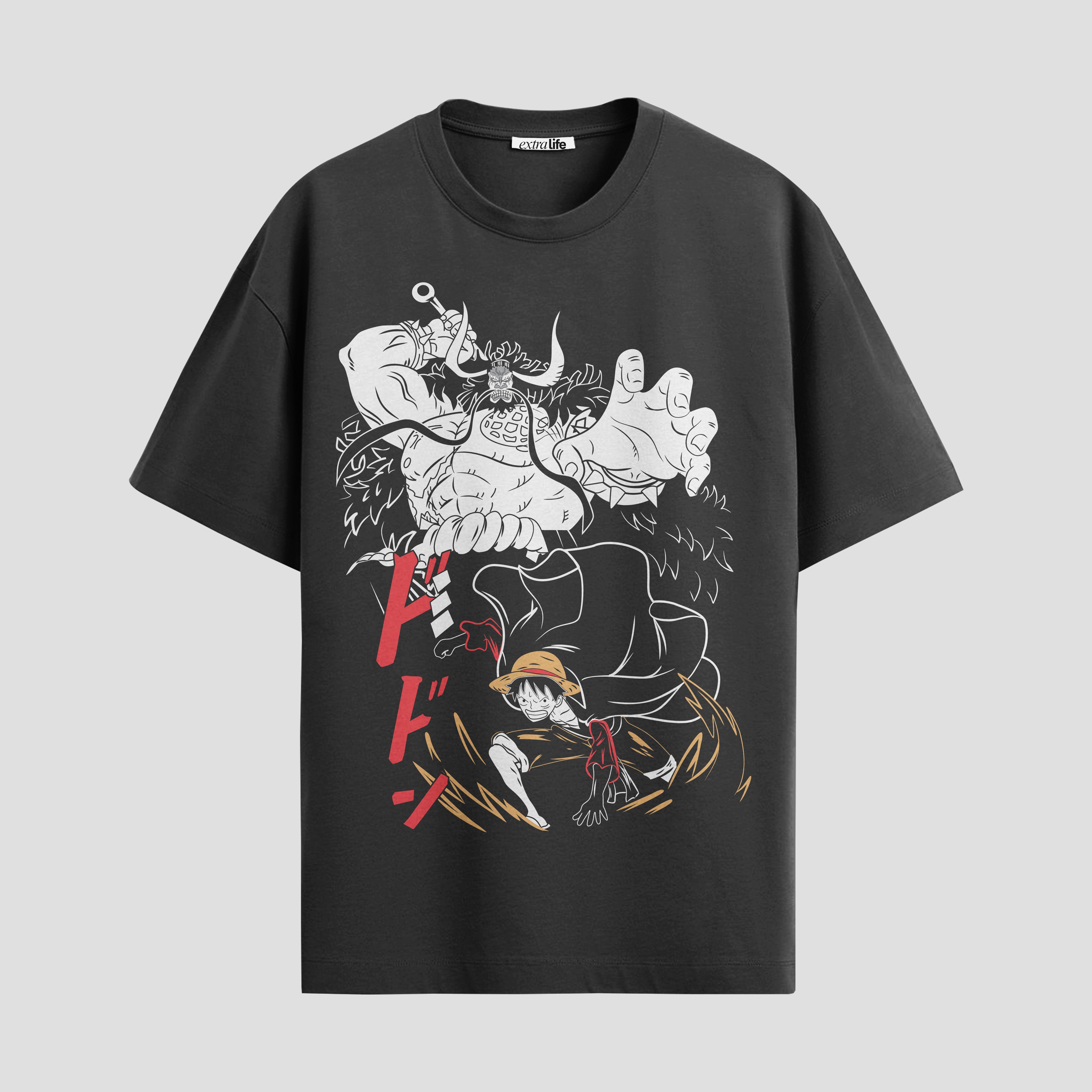 Playera urbana de anime y gaming ExtraLife MX, corte Standard Fit unisex ligero y transpirable en color Deep Black y Pure White, ropa de uso diario para gym y casual.