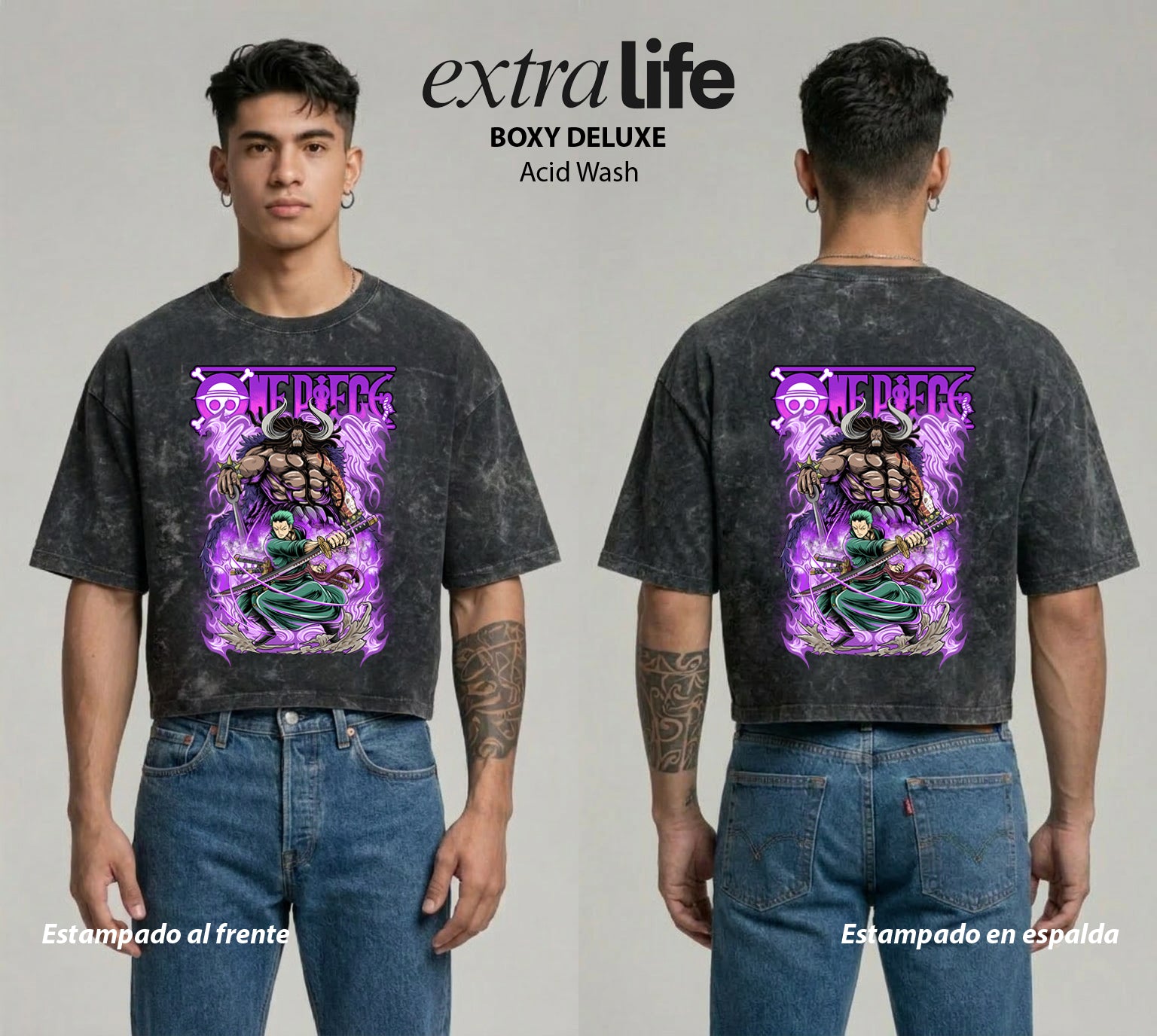 Playera streetwear premium de anime y gaming ExtraLife MX, corte boxy deluxe mineral wash heavyweight en color Acid Wash, moda urbana mexicana de culto.