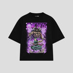 Playera streetwear premium de anime y gaming ExtraLife MX, corte boxy oversized drop shoulder heavyweight en color Deep Black y Off-White, moda urbana mexicana de culto.