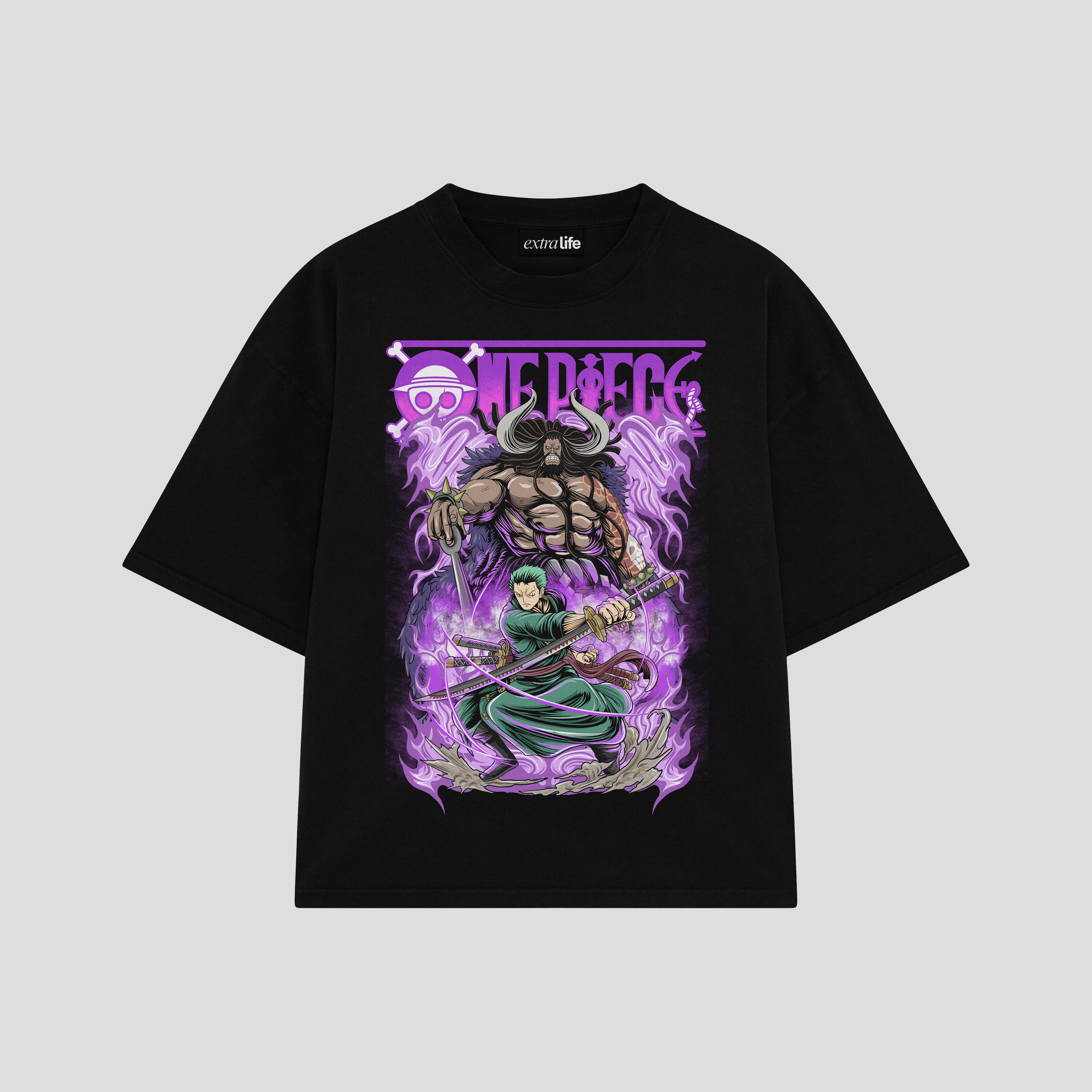Playera streetwear premium de anime y gaming ExtraLife MX, corte boxy oversized drop shoulder heavyweight en color Deep Black y Off-White, moda urbana mexicana de culto.