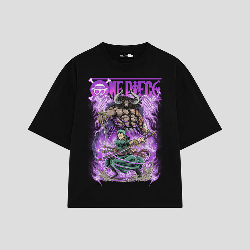 Playera streetwear premium de anime y gaming ExtraLife MX, corte boxy oversized drop shoulder heavyweight en color Deep Black y Off-White, moda urbana mexicana de culto.
