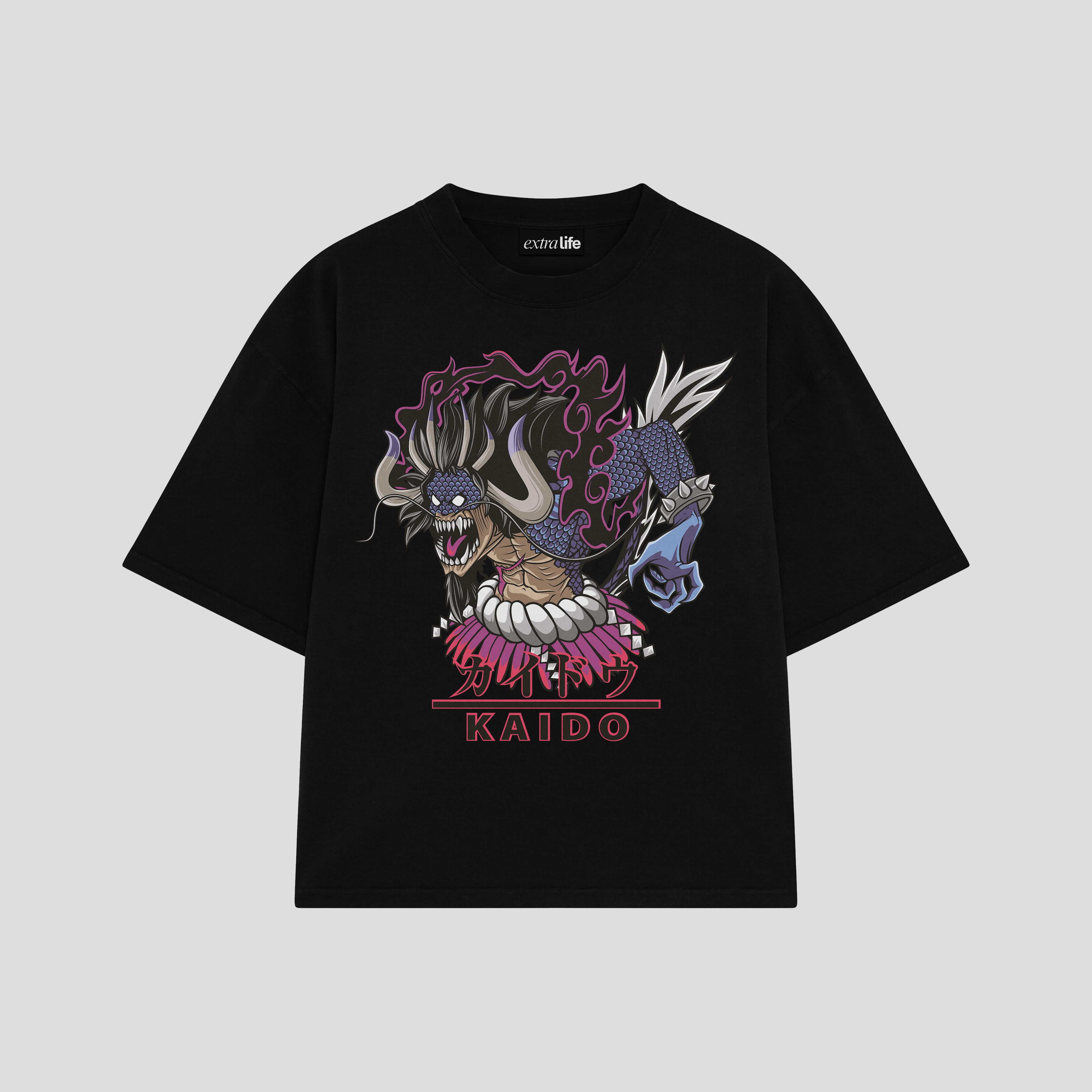 Playera streetwear premium de anime y gaming ExtraLife MX, corte boxy oversized drop shoulder heavyweight en color Deep Black y Off-White, moda urbana mexicana de culto.
