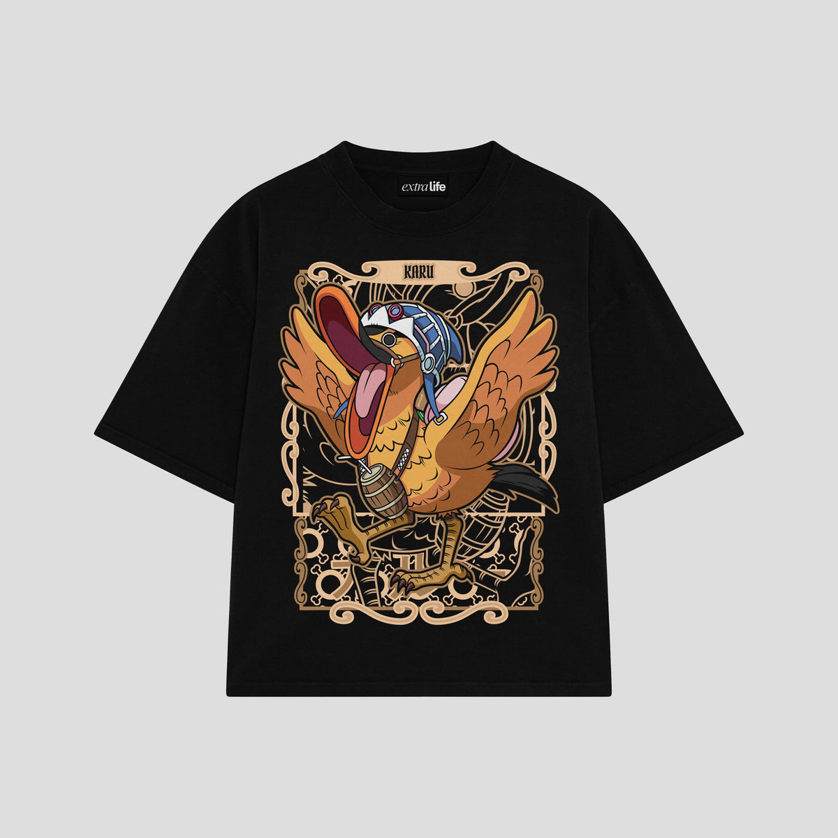Playera streetwear premium de anime y gaming ExtraLife MX, corte oversized drop shoulder ligero y fresco en color Deep Black y Off-White, moda urbana mexicana de culto.