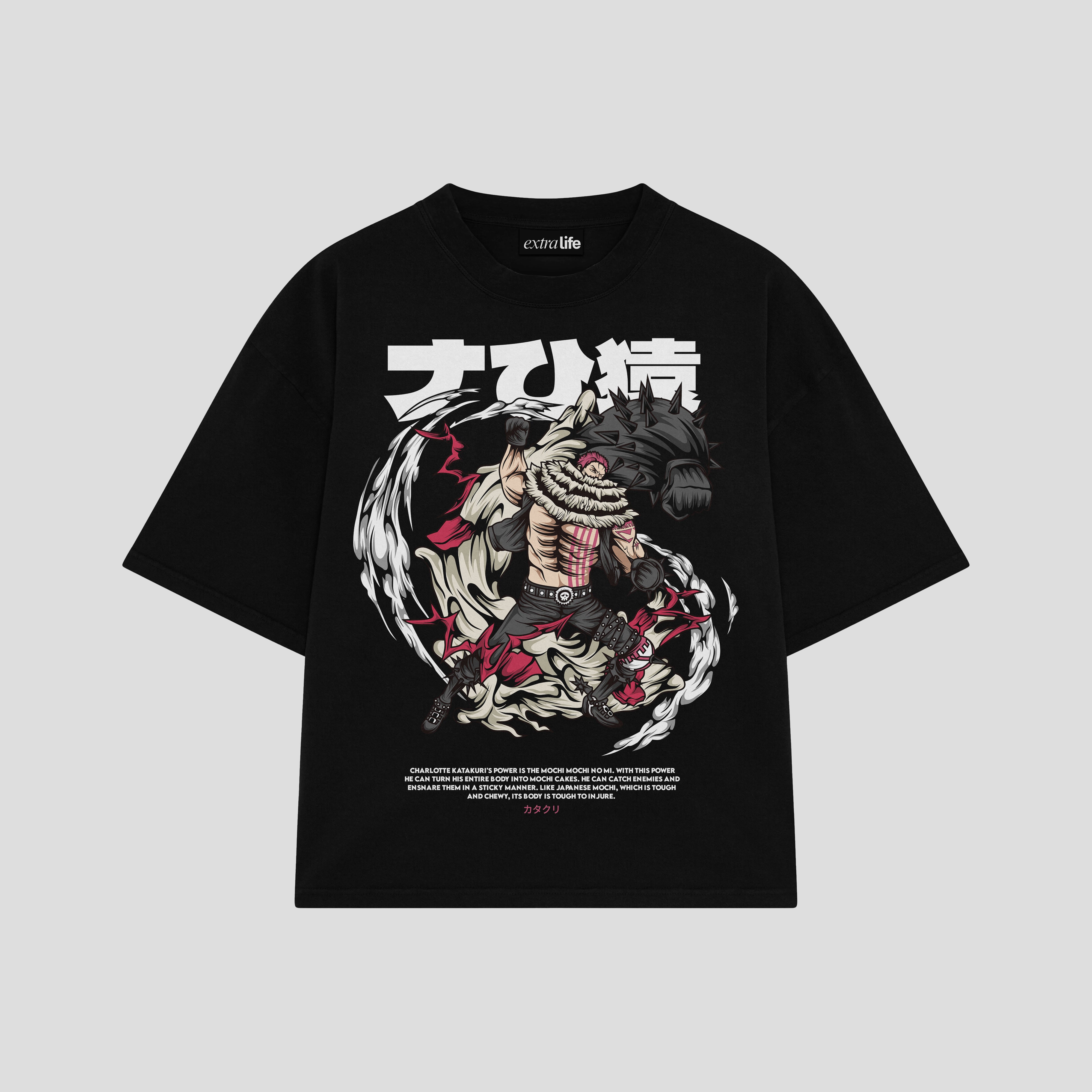 Playera streetwear premium de anime y gaming ExtraLife MX, corte boxy oversized drop shoulder heavyweight en color Deep Black y Off-White, moda urbana mexicana de culto.