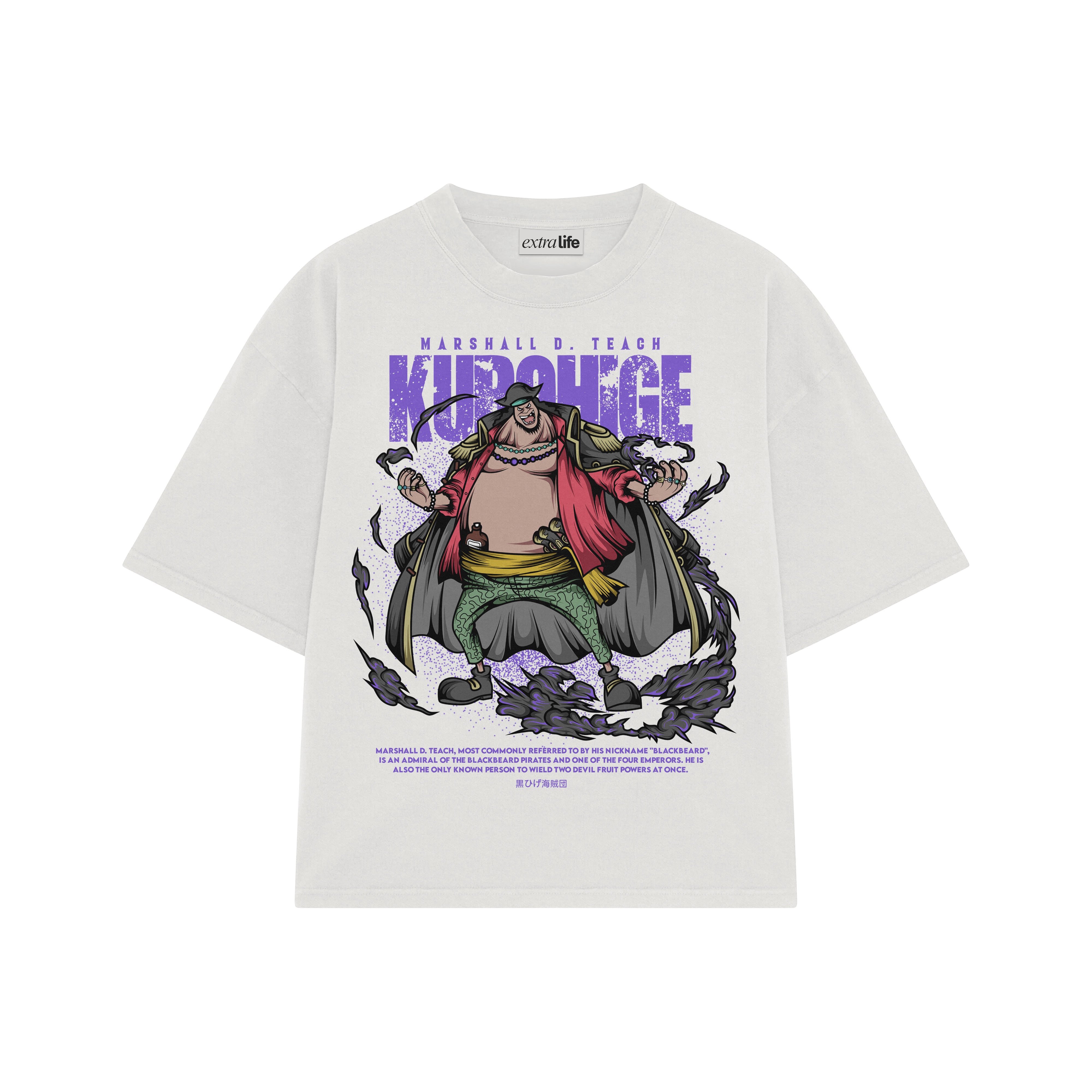 Playera streetwear premium de anime y gaming ExtraLife MX, corte boxy oversized drop shoulder heavyweight en color Deep Black y Off-White, moda urbana mexicana de culto.