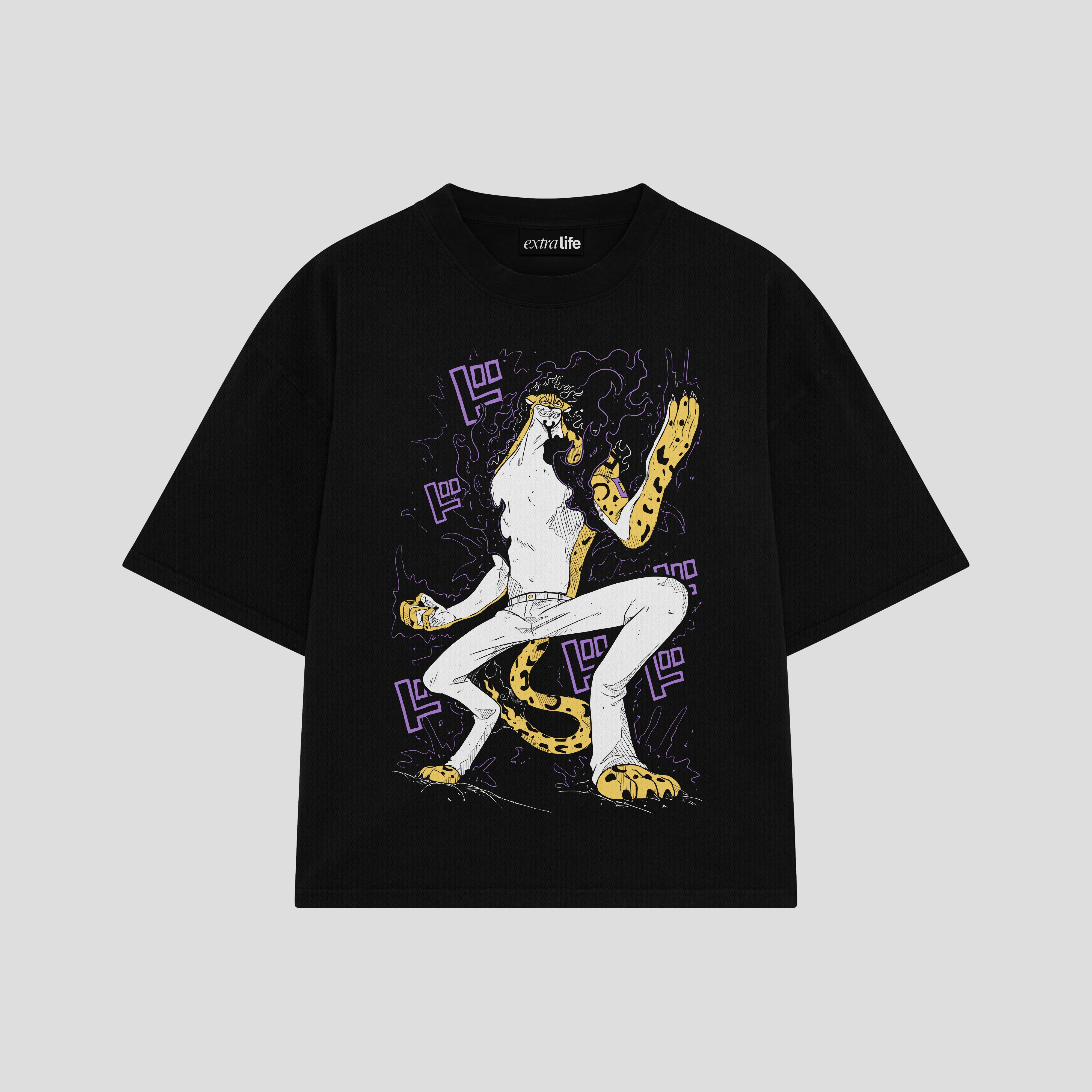 Playera streetwear premium de anime y gaming ExtraLife MX, corte boxy oversized drop shoulder heavyweight en color Deep Black y Off-White, moda urbana mexicana de culto.