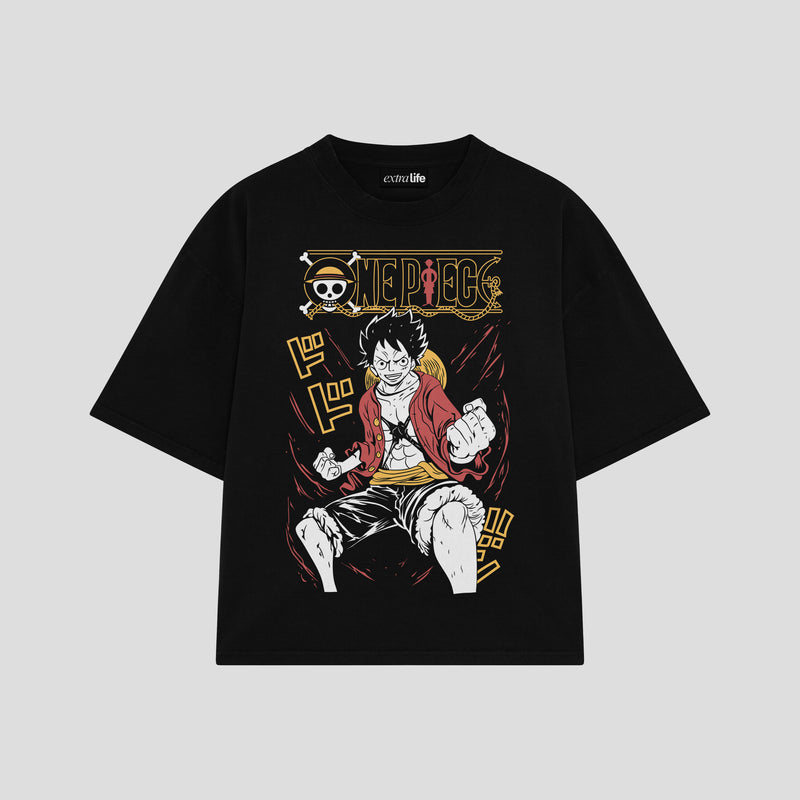 Playera streetwear premium de anime y gaming ExtraLife MX, corte boxy oversized drop shoulder heavyweight en color Deep Black y Off-White, moda urbana mexicana de culto.
