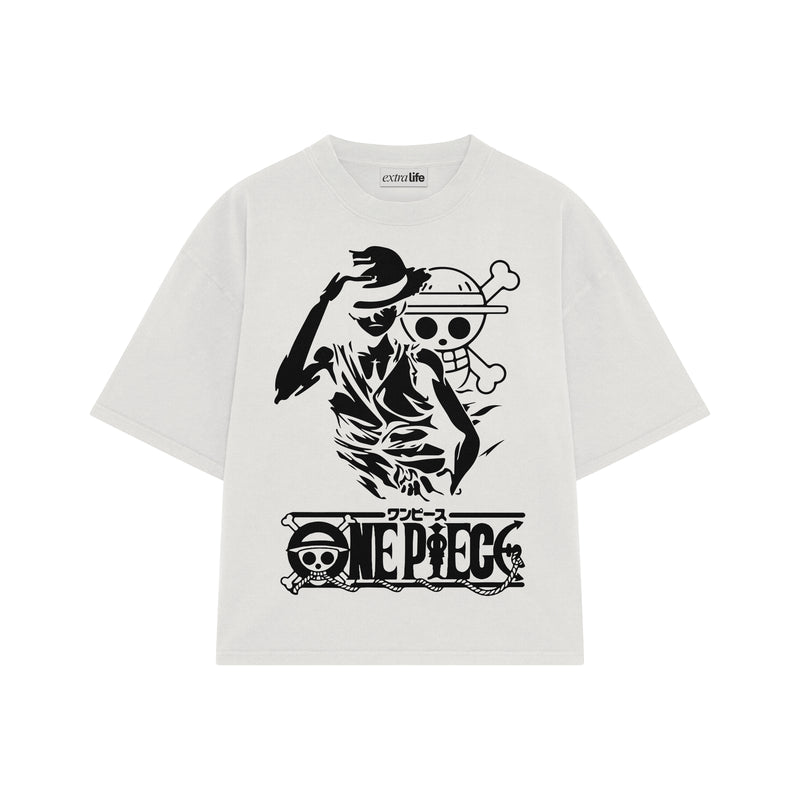 Playera streetwear premium de anime y gaming ExtraLife MX, corte boxy oversized drop shoulder heavyweight en color Deep Black y Off-White, moda urbana mexicana de culto.