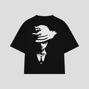 Playera streetwear premium de anime y gaming ExtraLife MX, corte boxy oversized drop shoulder heavyweight en color Deep Black y Off-White, moda urbana mexicana de culto.