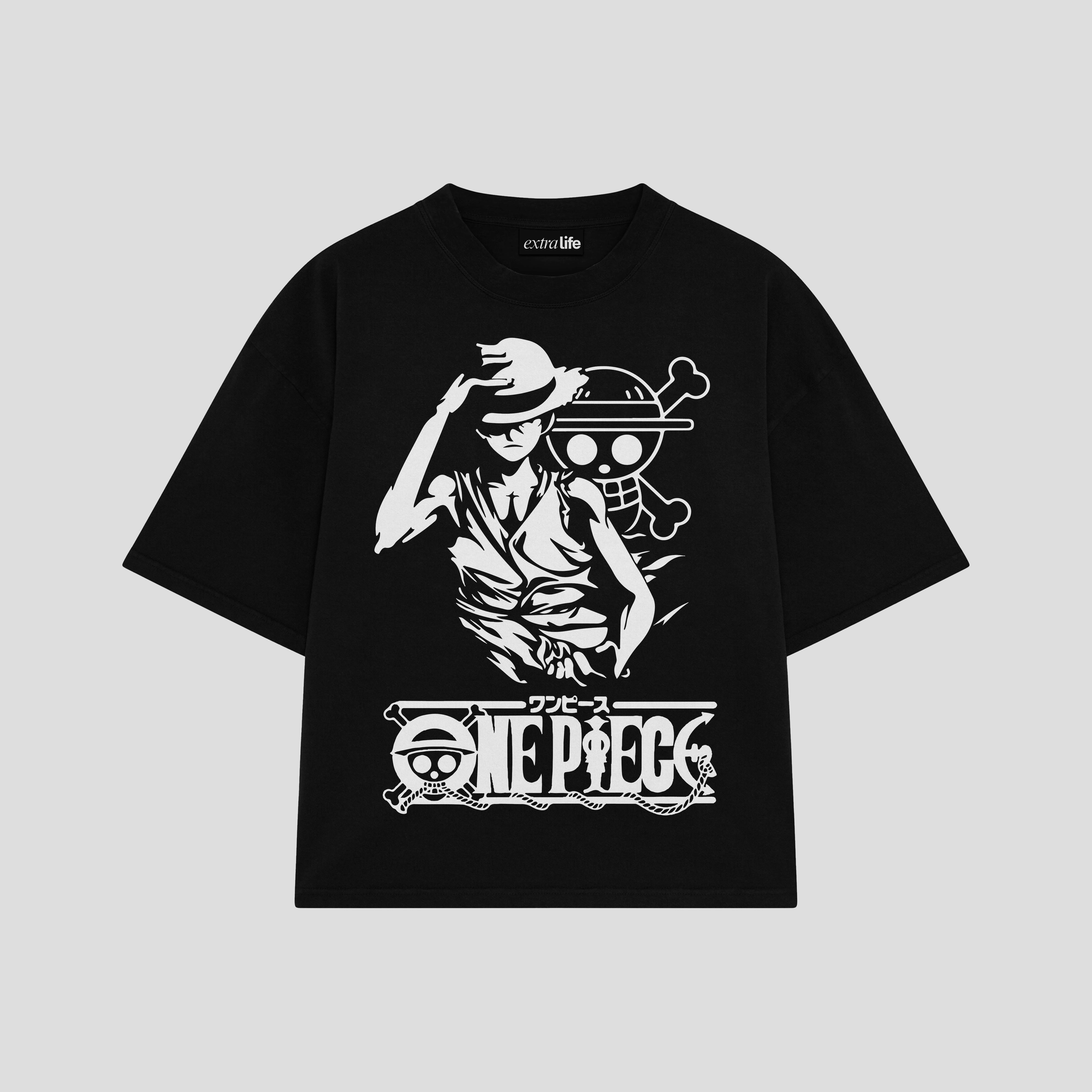 Playera streetwear premium de anime y gaming ExtraLife MX, corte boxy oversized drop shoulder heavyweight en color Deep Black y Off-White, moda urbana mexicana de culto.