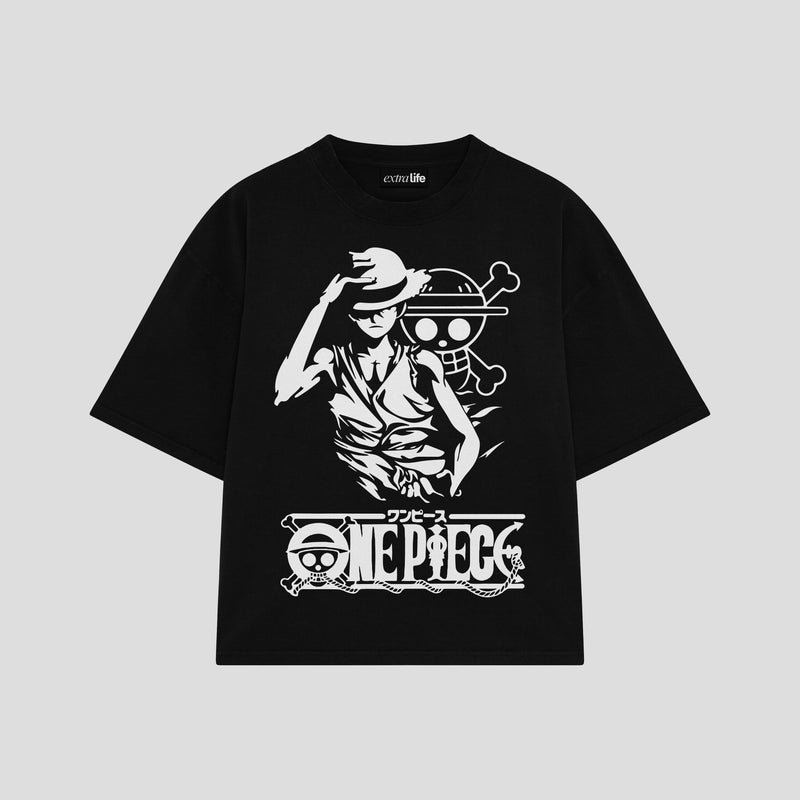 Playera streetwear premium de anime y gaming ExtraLife MX, corte boxy oversized drop shoulder heavyweight en color Deep Black y Off-White, moda urbana mexicana de culto.