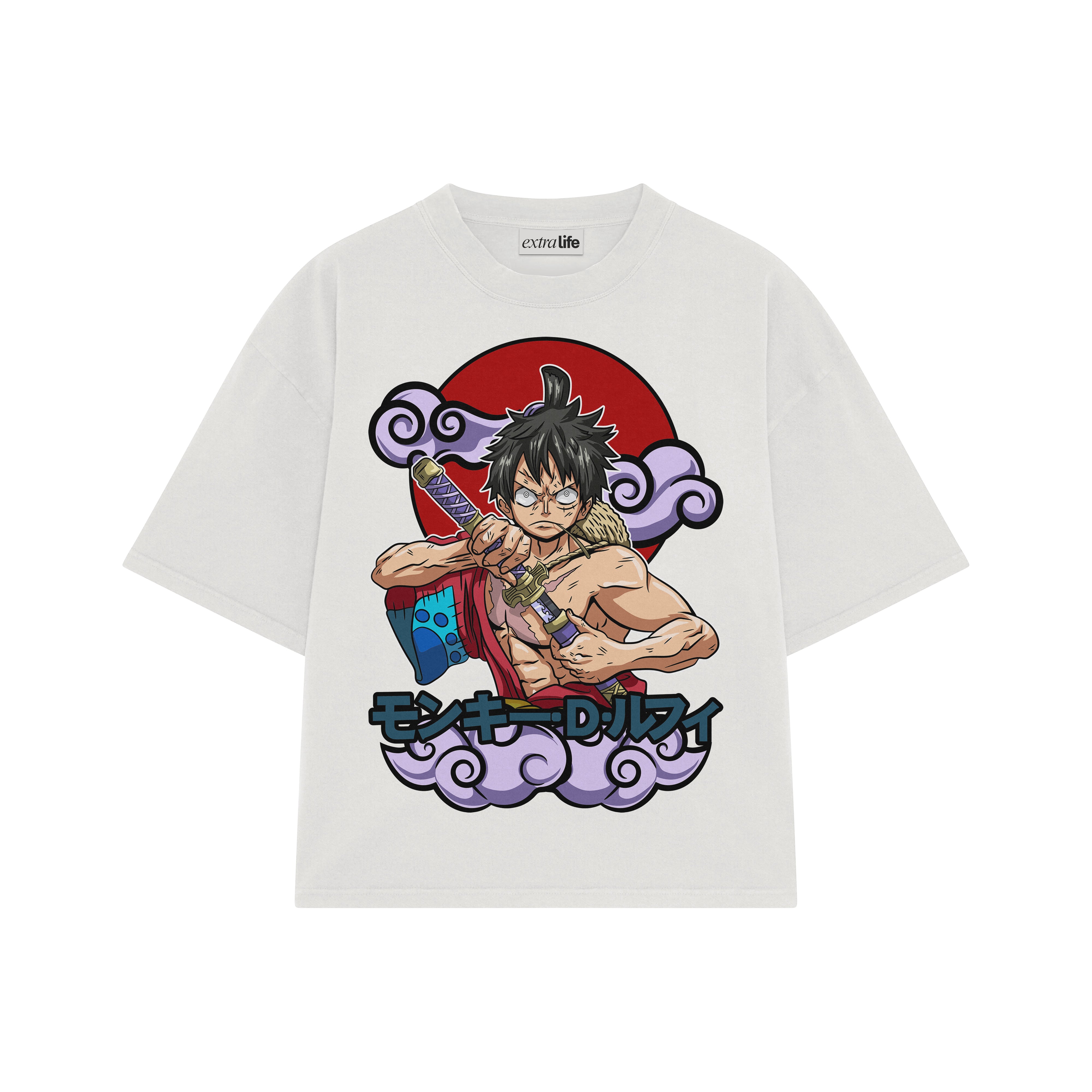 Playera streetwear premium de anime y gaming ExtraLife MX, corte boxy oversized drop shoulder heavyweight en color Deep Black y Off-White, moda urbana mexicana de culto.