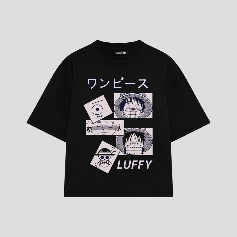 Playera streetwear premium de anime y gaming ExtraLife MX, corte boxy oversized drop shoulder heavyweight en color Deep Black y Off-White, moda urbana mexicana de culto.
