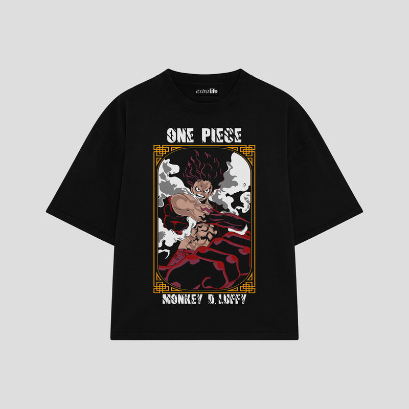 Playera streetwear premium de anime y gaming ExtraLife MX, corte boxy oversized drop shoulder heavyweight en color Deep Black y Off-White, moda urbana mexicana de culto.
