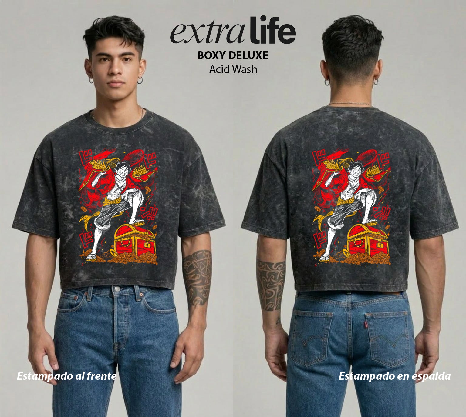 Playera streetwear premium de anime y gaming ExtraLife MX, corte boxy deluxe mineral wash heavyweight en color Acid Wash, moda urbana mexicana de culto.