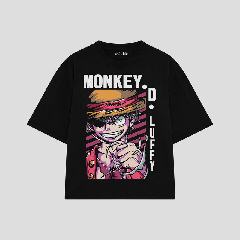 Playera streetwear premium de anime y gaming ExtraLife MX, corte boxy oversized drop shoulder heavyweight en color Deep Black y Off-White, moda urbana mexicana de culto.