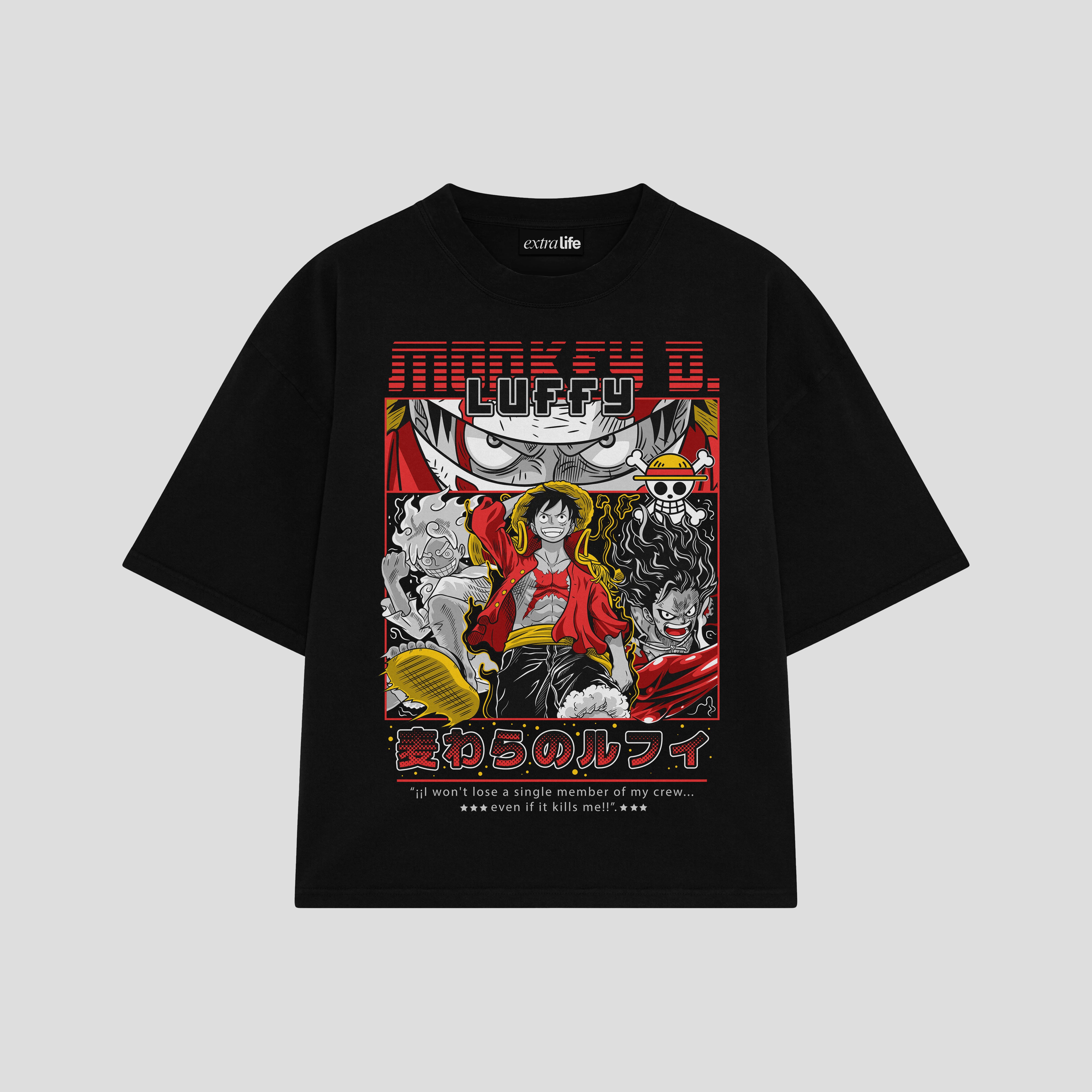 Playera streetwear premium de anime y gaming ExtraLife MX, corte boxy oversized drop shoulder heavyweight en color Deep Black y Off-White, moda urbana mexicana de culto.