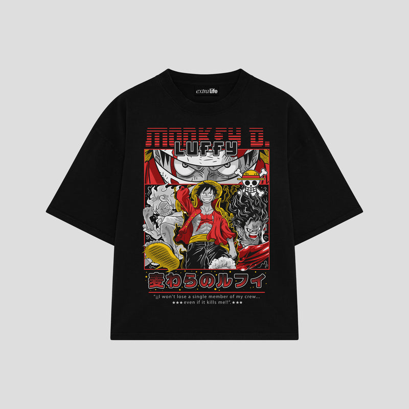 Playera streetwear premium de anime y gaming ExtraLife MX, corte boxy oversized drop shoulder heavyweight en color Deep Black y Off-White, moda urbana mexicana de culto.